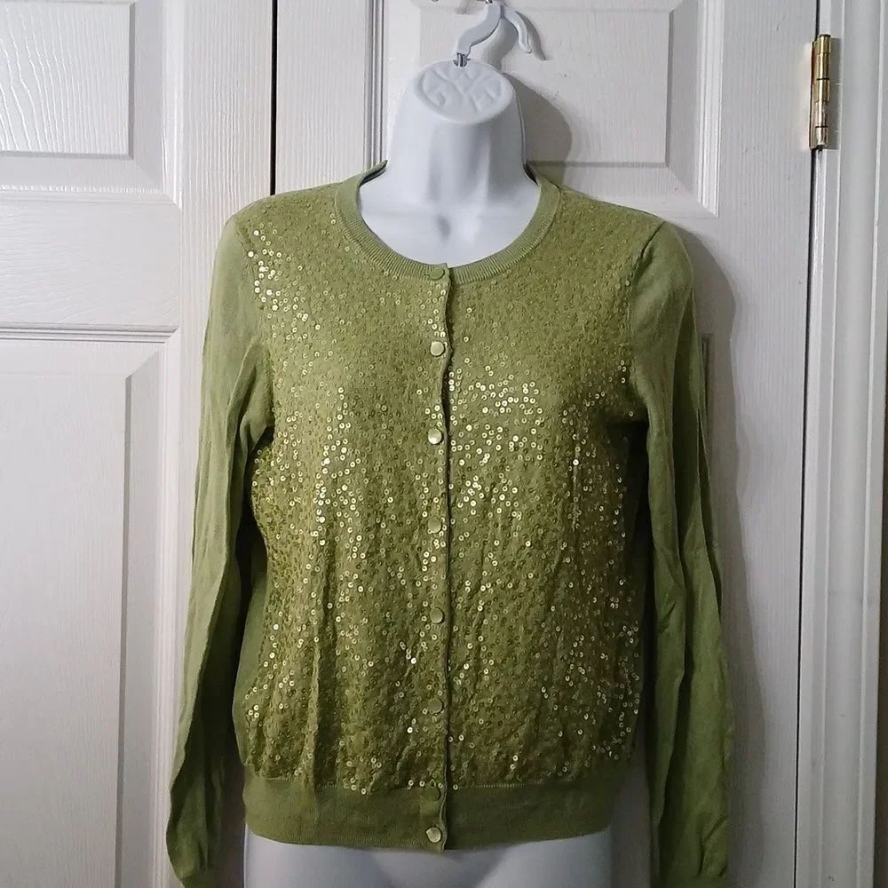 Talbots green sequin front lightweight silk blend cardigan Sz S NWOT